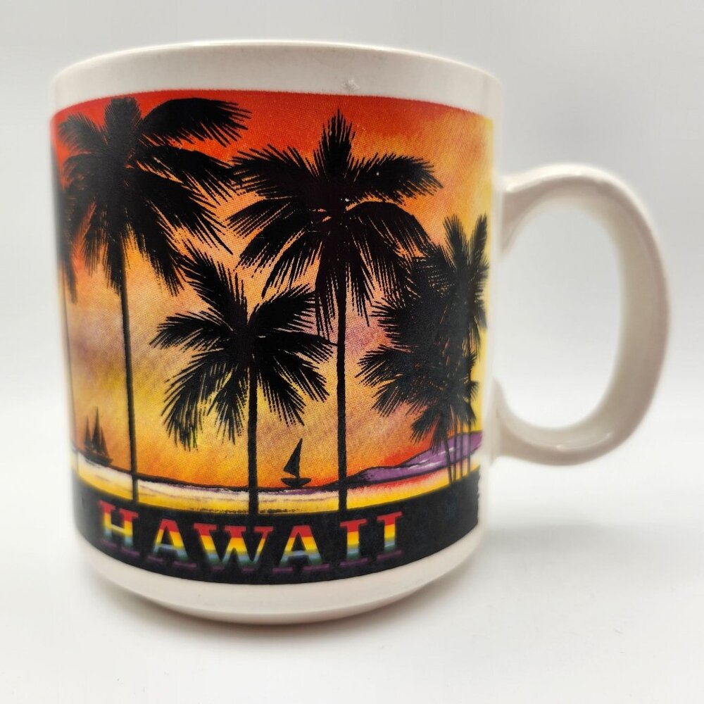 Vintage Sanyei Hawaii Coffee Mug Sunset Palms Sailboat 12oz Hawaiian